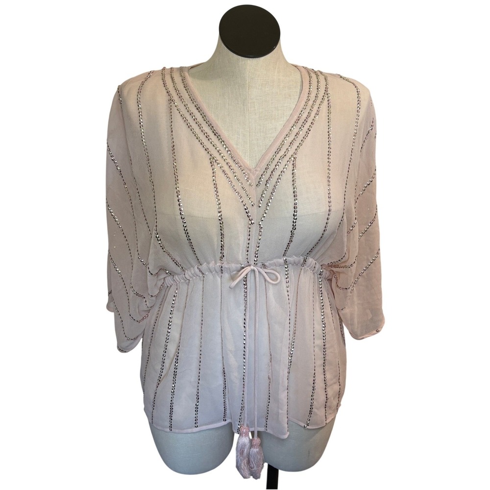 Sheer Beaded Tunic Cover Up Kimono Blouse‎ Beach Resort Top Pink Beige sequin